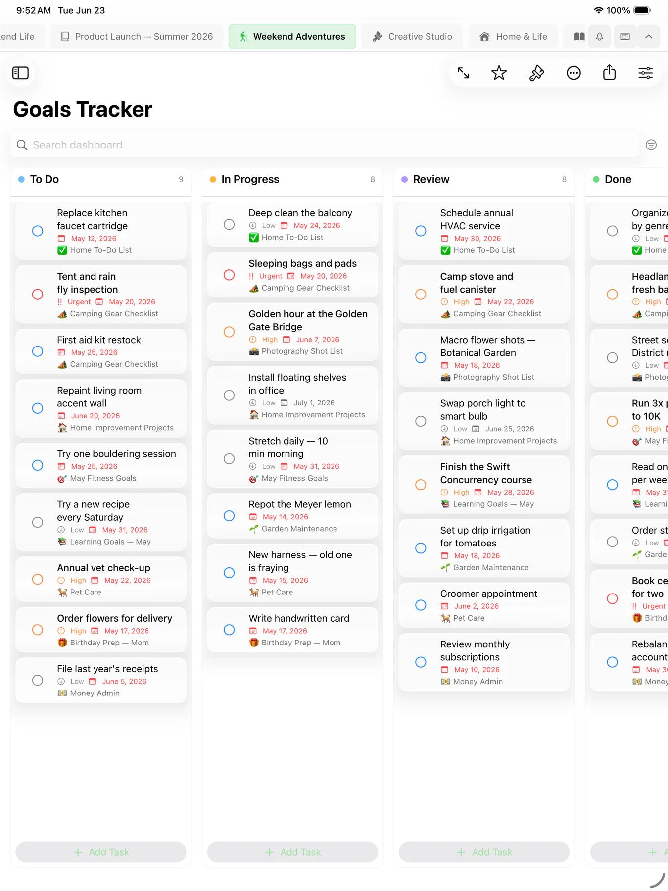 Mintofu kanban board with task cards organized in workflow columns