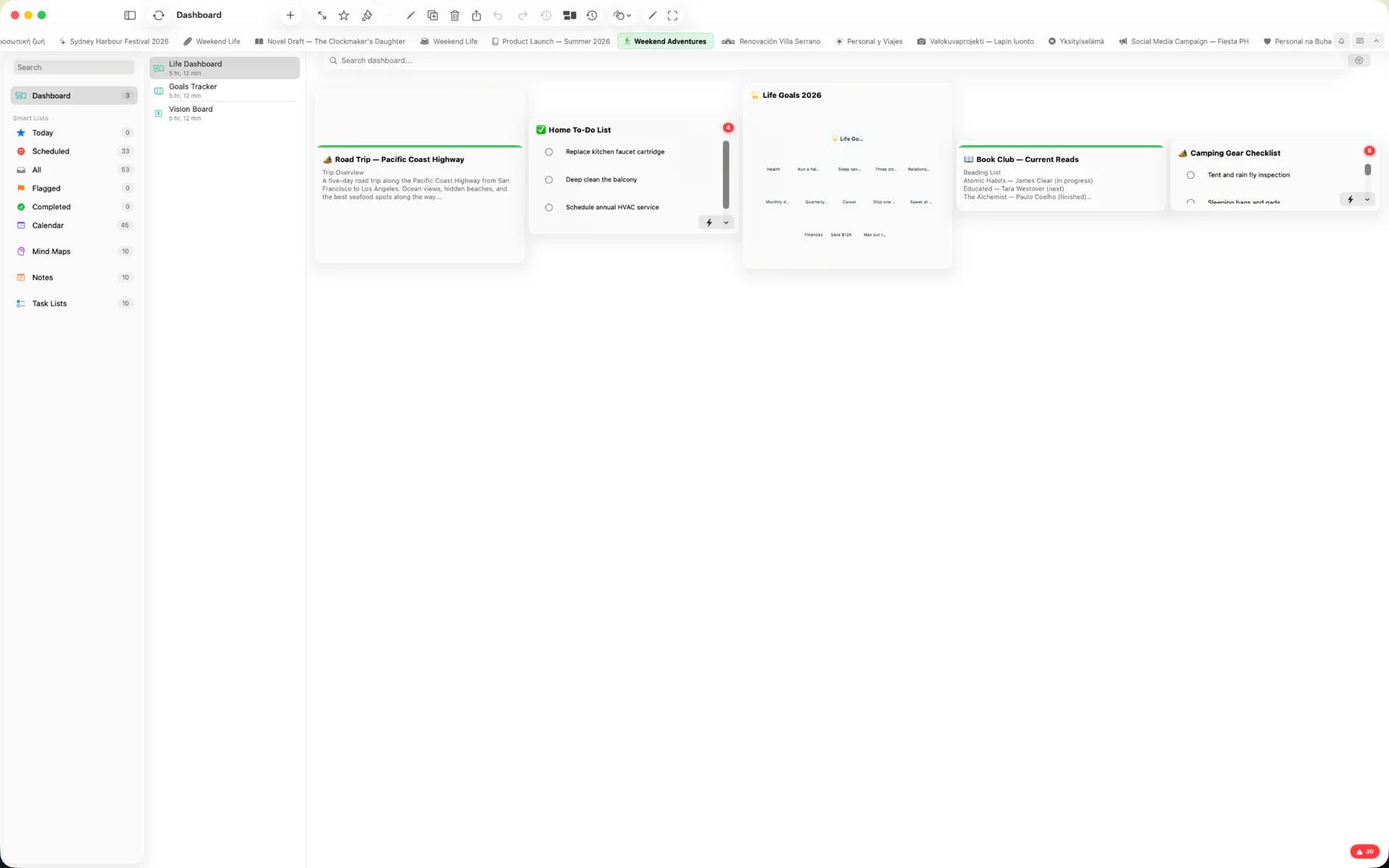 Mintofu dashboard overview with resizable note, task, and calendar widgets