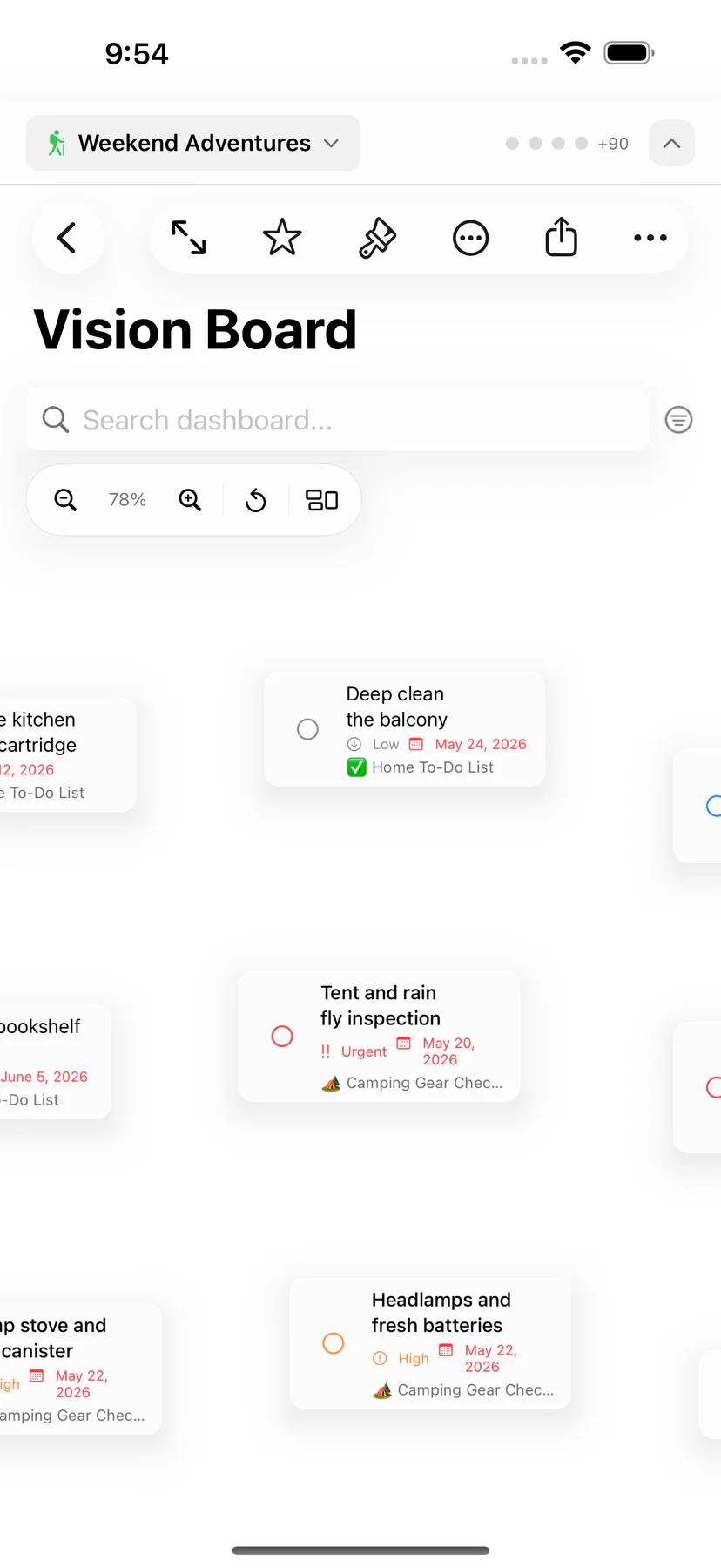 Mintofu post board with pinned and arranged tasks on a freeform canvas