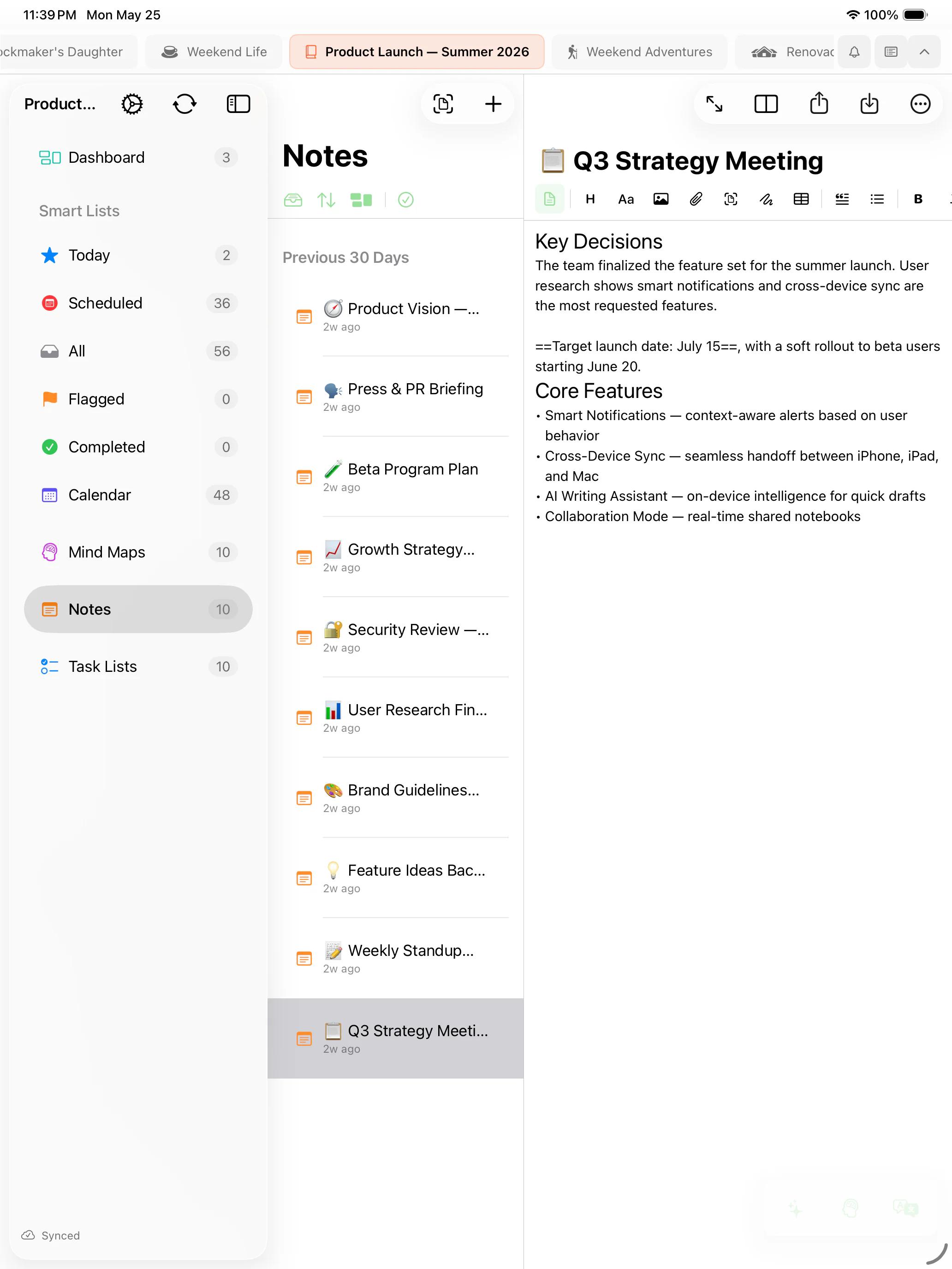 Mintofu running on Mac, iPad, and iPhone — showing the note editor, mind map canvas, and task list with priorities