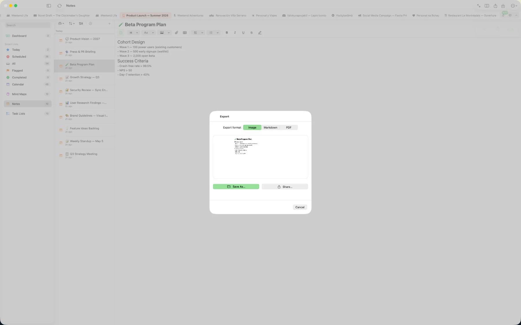 Mintofu export dialog showing PDF, Markdown, Image, and iCalendar format options