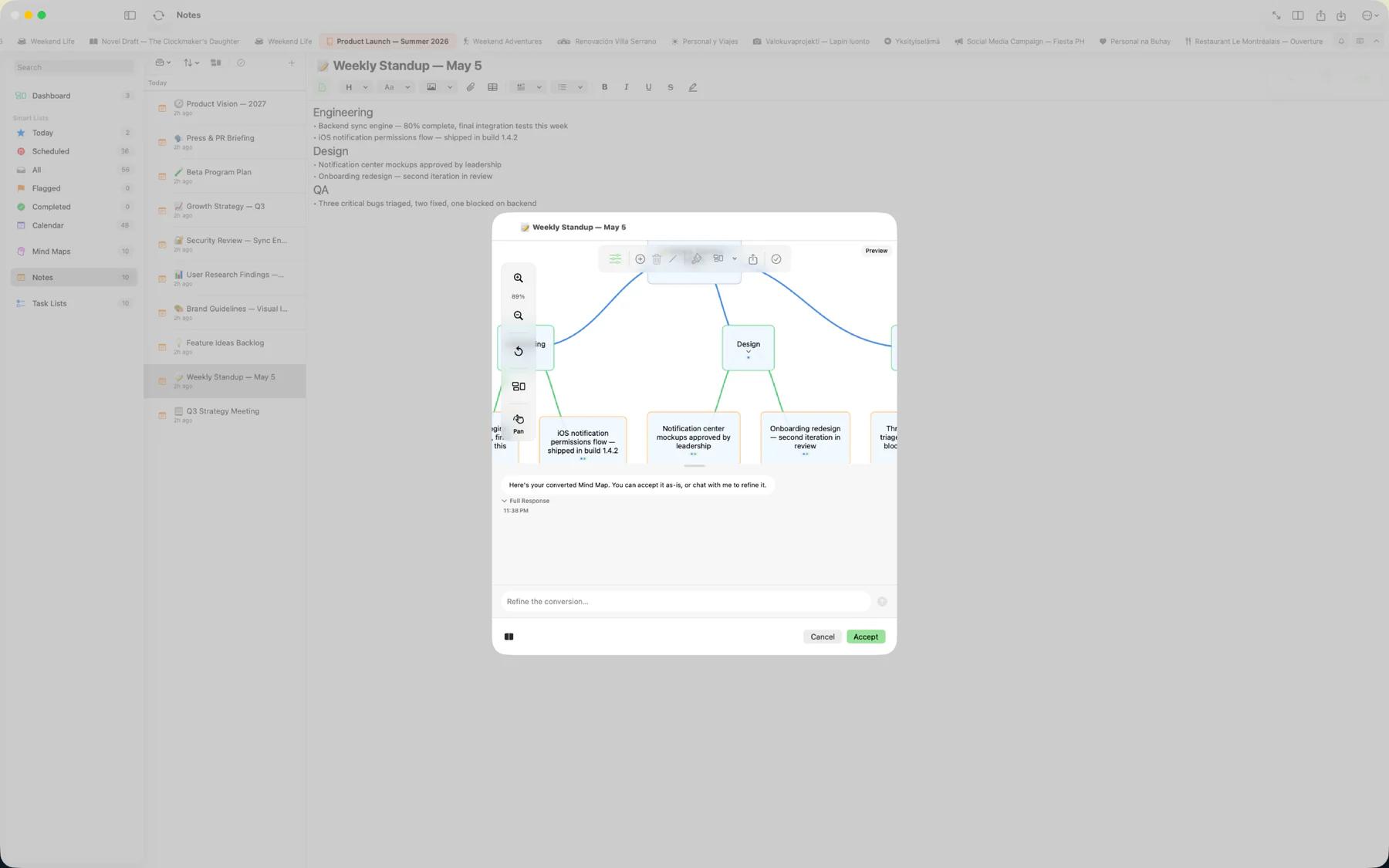 Mintofu converting a mind map into a structured task list side by side